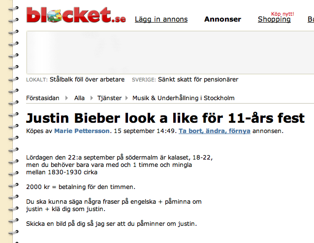 Justin Bieber, Lookalike, Barnkalas